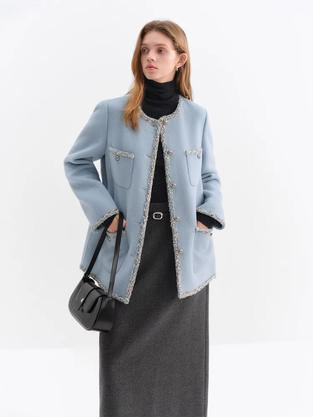 French-Style Woolen Round-Neck Coat Winter 2025 New Arrival Blue Tweed Outerwear All-match Autumn Elegant Blue