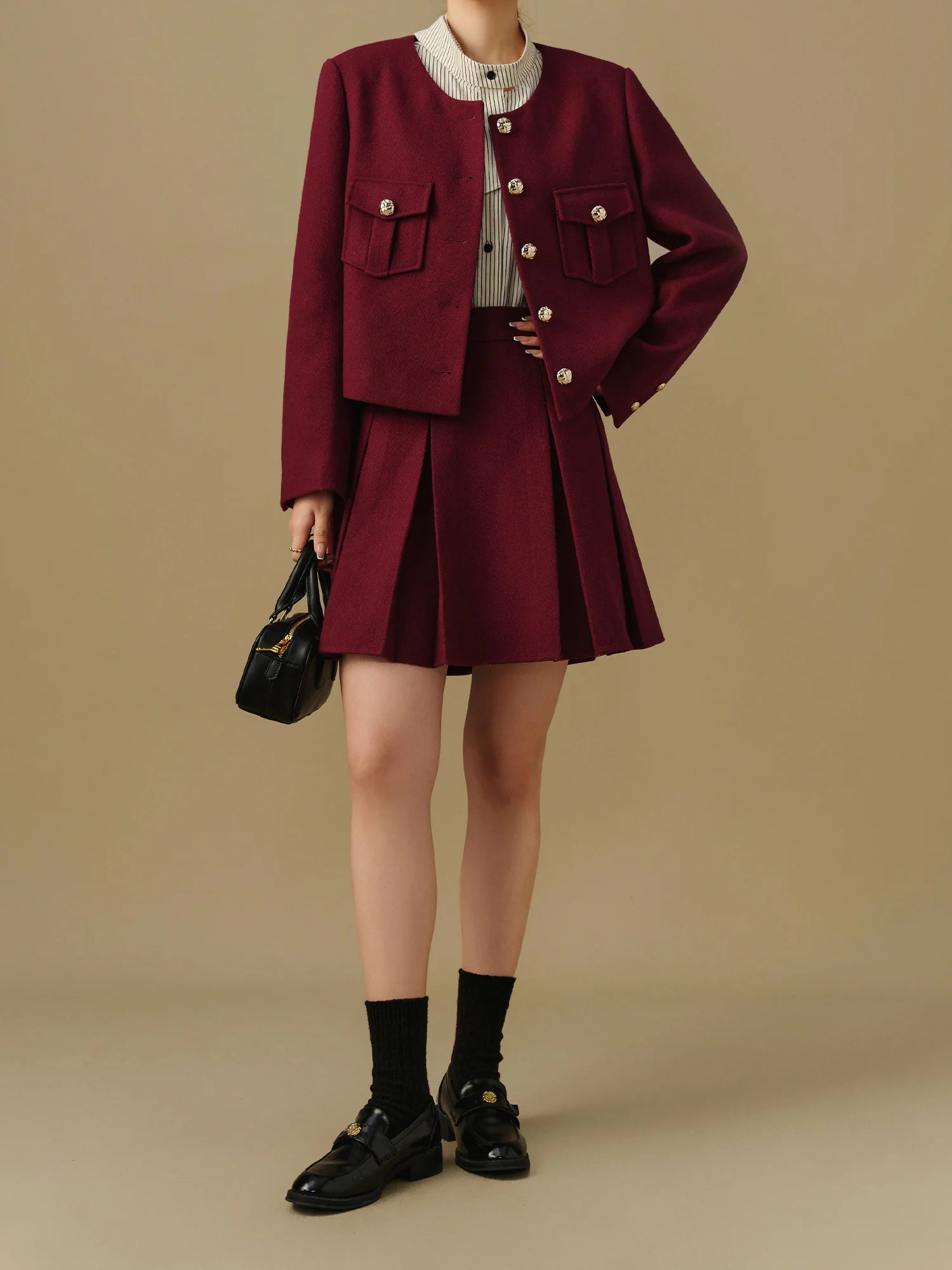 DUSHU Women Winter Skirt Sets Red Tweed Short 47.4% Wool Coats Zipper Waist Female Mini Pleated Skirt 24DS84428+24DS84513