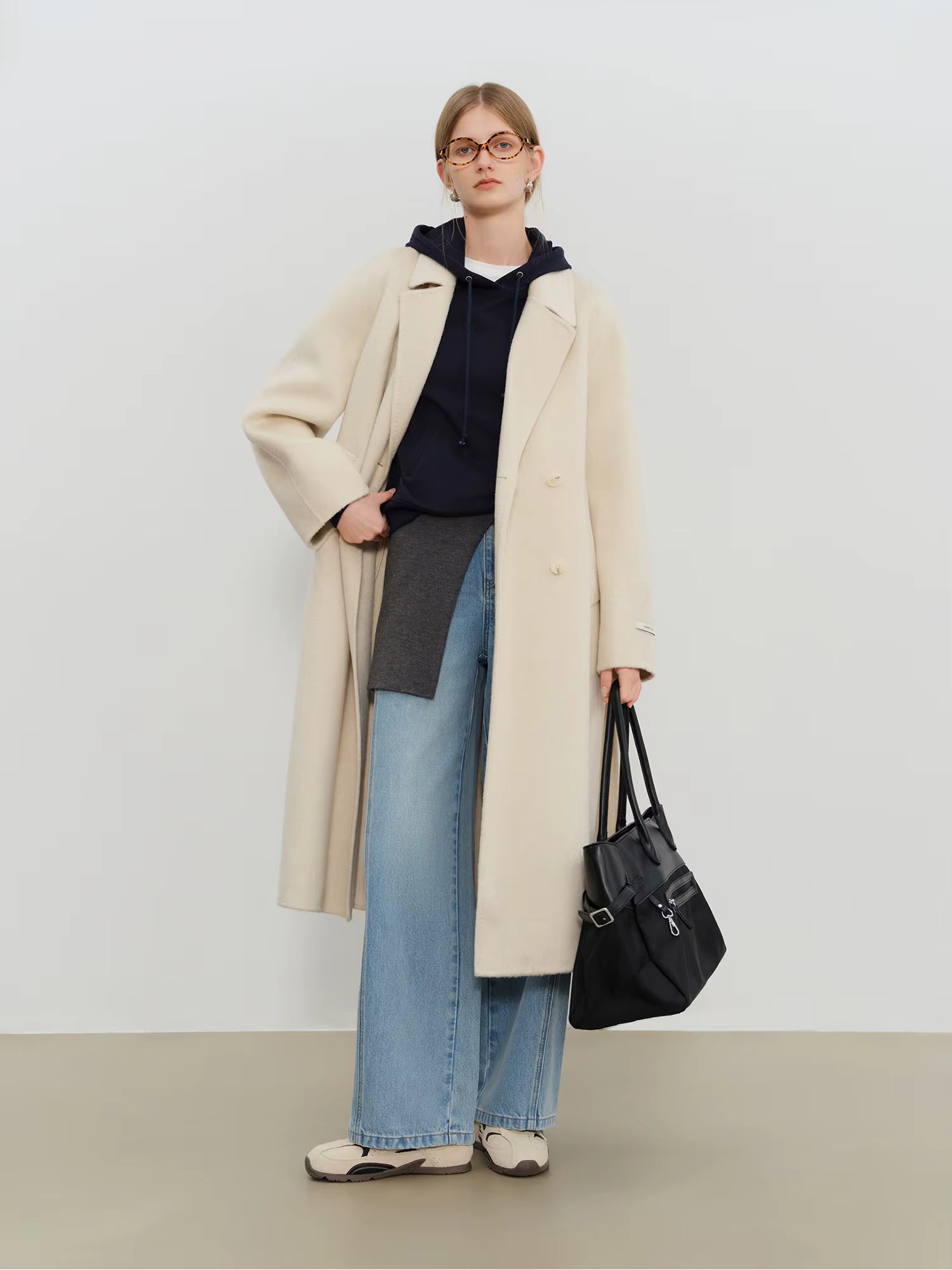 Crafty Studio Petite Women's White Camel Wool Coat with Double Faced Design 2025 Winter New Collection Wool