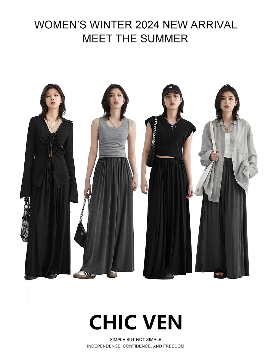 CHIC VEN Women Skirts A Line Fold Solid Loose Elastic High Waisted Long Skirt Female Skirt Office Lady Summer 2024