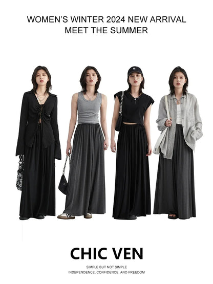 CHIC VEN Women Skirts A Line Fold Solid Loose Elastic High Waisted Long Skirt Female Skirt Office Lady Summer 2024