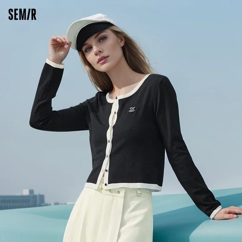 Semir 2024 Cardigan Women Short Contrasting Color Fashionable Spring Gentle Simple Style Embroidered Round Neck Sweater Tops