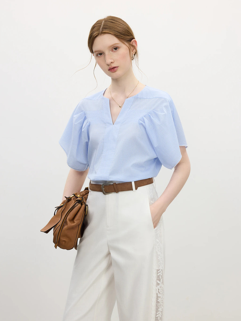 FSLE 2025 Summer Women's Cotton Round Neck Blouse - Textured Bell Sleeve Relaxed Fit Resort to Office Top