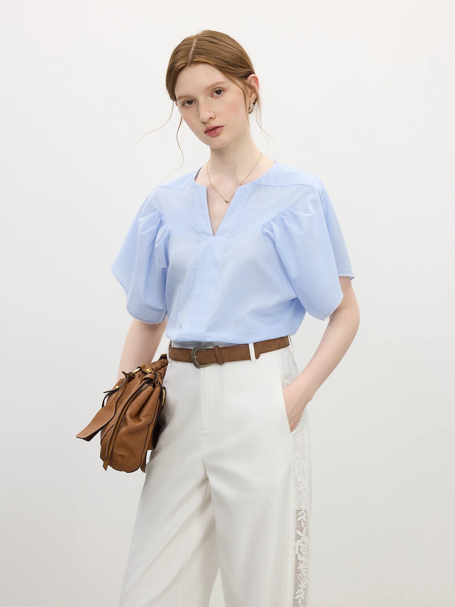 FSLE 2025 Summer Women's Cotton Round Neck Blouse - Textured Bell Sleeve Relaxed Fit Resort to Office Top