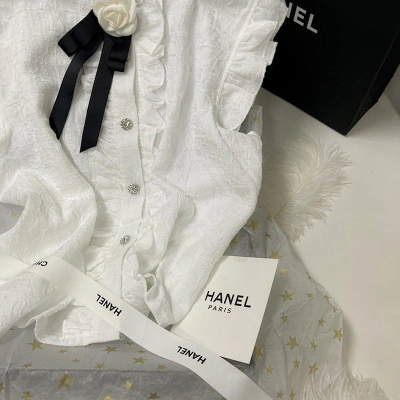 MEXZT Elegant Bow White Shirts Women Vintage Sweet Flower Ruffles Blouses Summer Korean Ladies Flying Sleeve All Match Chic Tops
