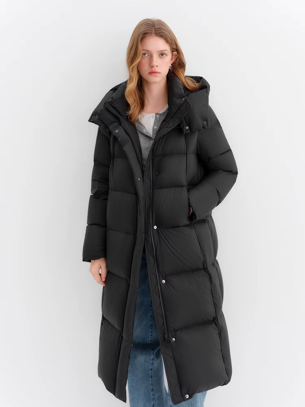 Puff Hooded Color Matching Knee-length Down Jacket Women's Winter 2025 New Cold-proof Warm Coats Simple Leisure