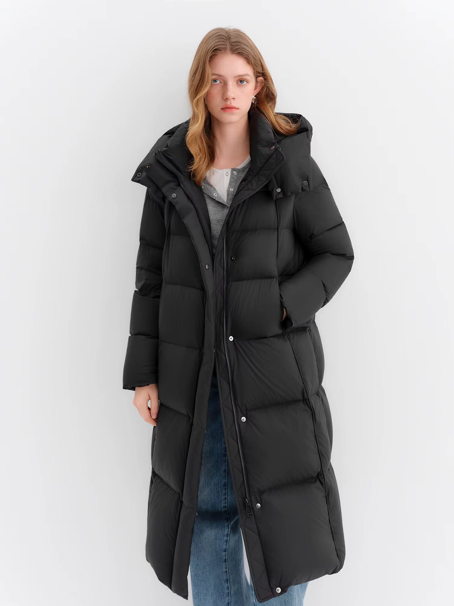 Puff Hooded Color Matching Knee-length Down Jacket Women's Winter 2025 New Cold-proof Warm Coats Simple Leisure