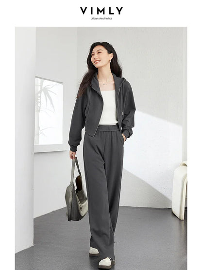 VIMLY Double Zipper Casual Drawstring Hooded Sweatshirt+Elastic Waist Wide Leg Pants Suit Autumn Simple Office Lady Tracksuit