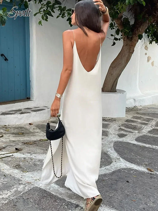 Elegant V-neck Women Sleeveless Split Maxi Dress Fashion Backless White Sling Dresses 2024 Sexy Female Beach Vacation Maxi Robes