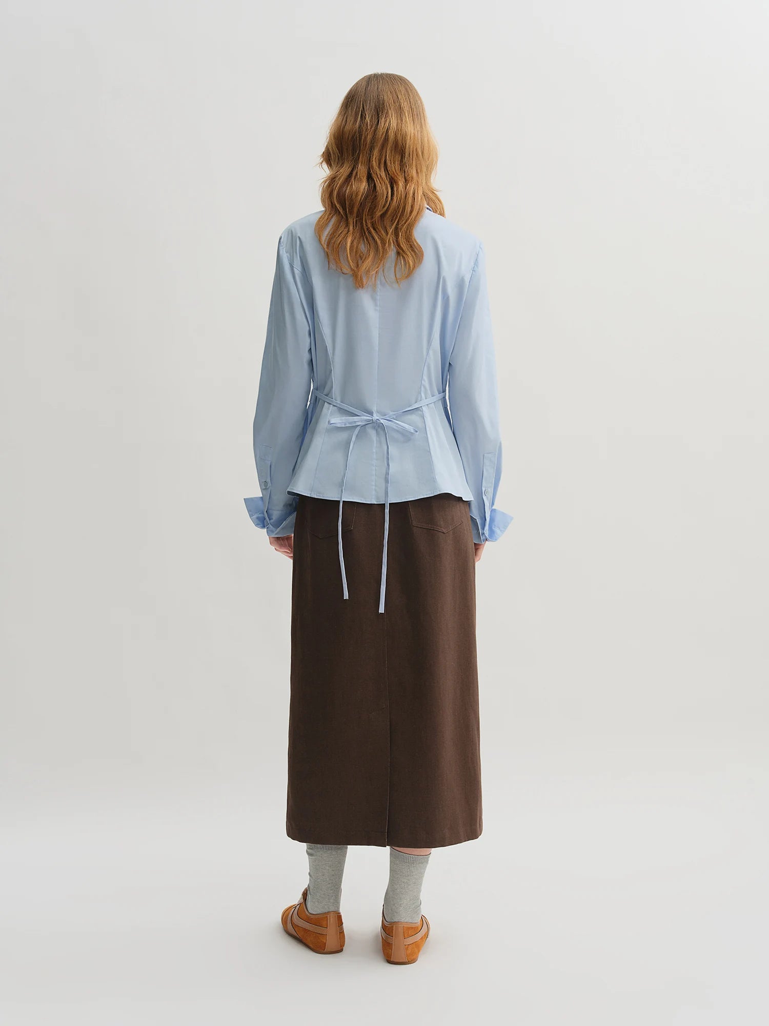 DUSHU Pleated Tie Waist Tricolor Shirt 2025 Autumn New Shirt Slim Tops A-line Skirts Women Suits