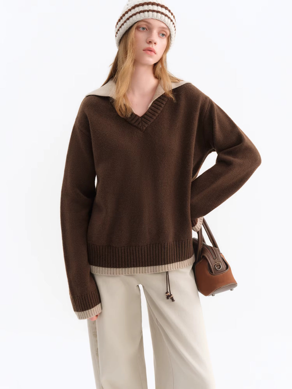 Fake Two-piece Design Pullovers Female Contrast Color Lapel Loose Casual Sweater for Women Winter 2025 New Style