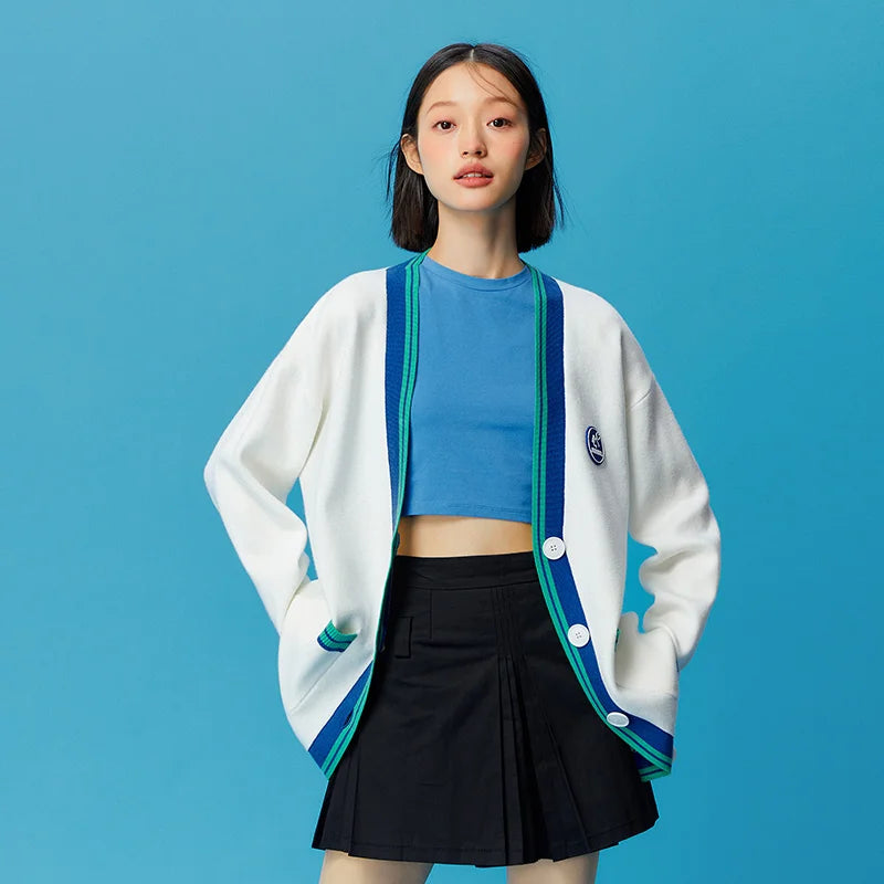 Semir Mali Knit Cardigan Women Mid-Length Loose Lazy Outerwear Spring Contrast Color V-Neck Top