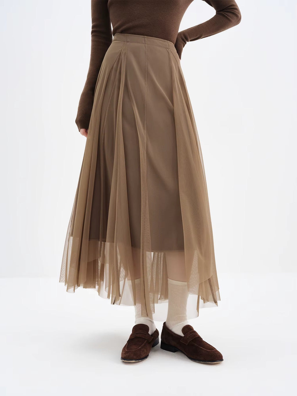 2025 Winter Women's Asymmetrical Hem A-Line Chiffon Skirt in Brown - Flowy Long Maxi Skirt with Draped Design for Casual