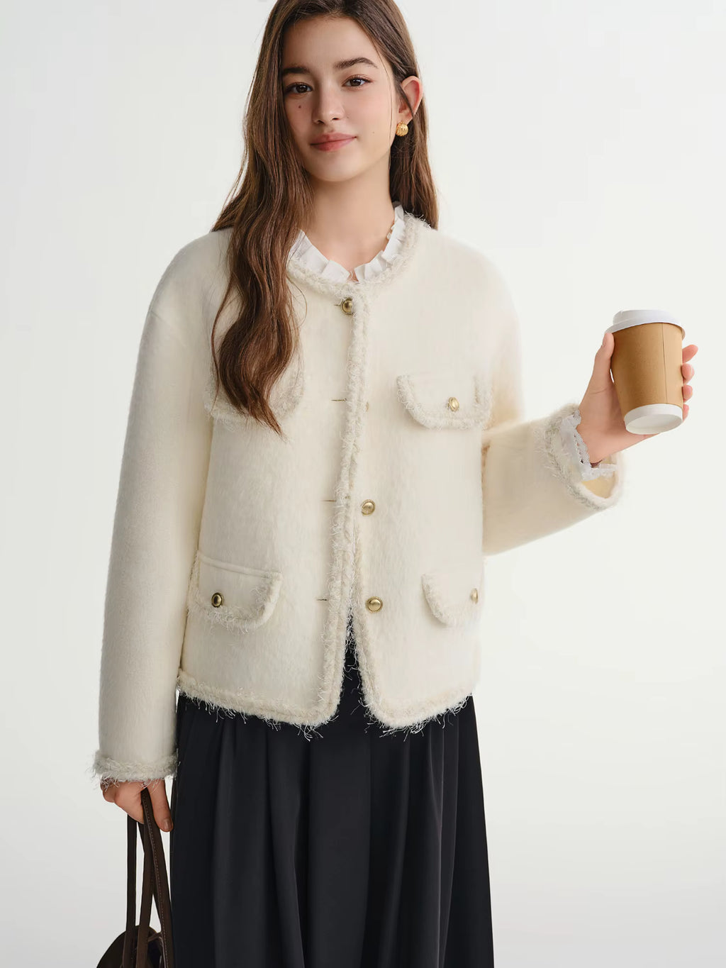 Winter 2025 Women's Alpaca Blend Tweed Coat - Fringed Trim Bouclé Jacket with Classic Collar for Casual Elegance