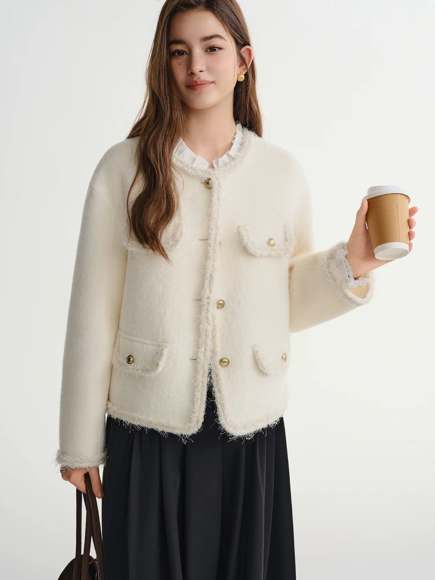 Winter 2025 Women's Alpaca Blend Tweed Coat - Fringed Trim Bouclé Jacket with Classic Collar for Casual Elegance