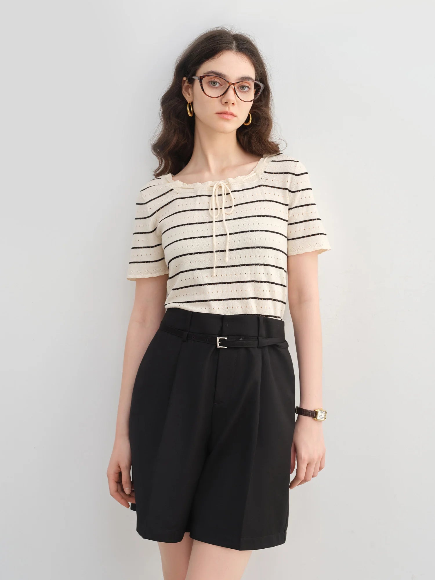 DUSHU Plus-Size Women T-Shirt - Elegant Simple Striped Cut-Out Knit 2025 Summer Collection Nautical Style Pullover