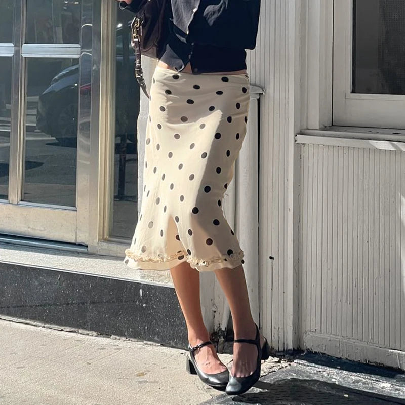 Vintage Polka Dot Bias Midi Skirt with Ruffle Hem