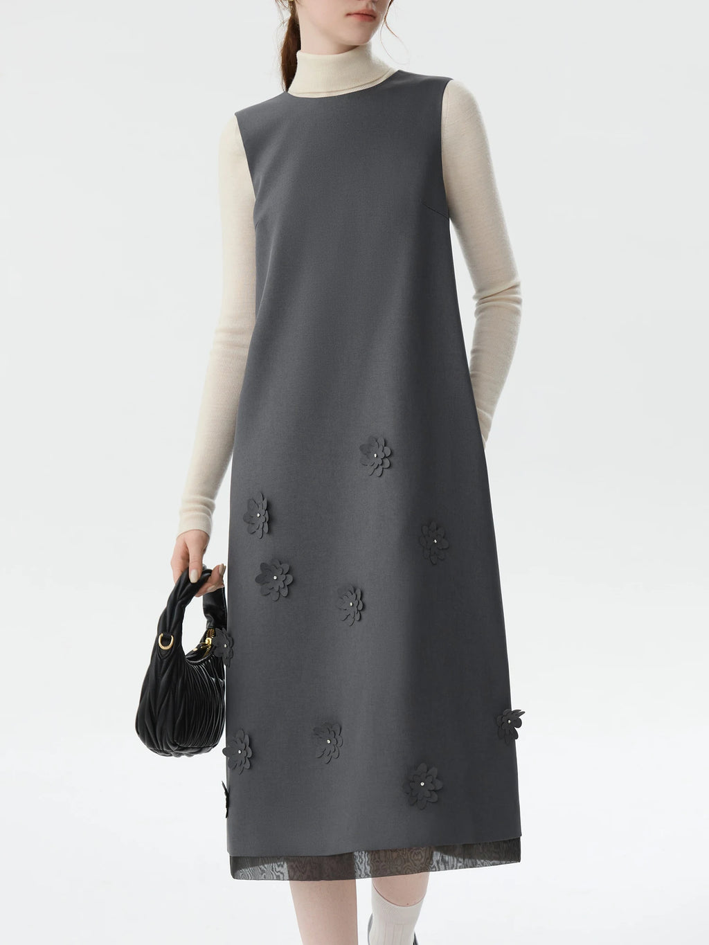 FSLE Elegant Commuter Three-dimensional Flower Decoration Long Skirt 2024 Fall Winter New Elegant Design Fashion Dress 24FS14423