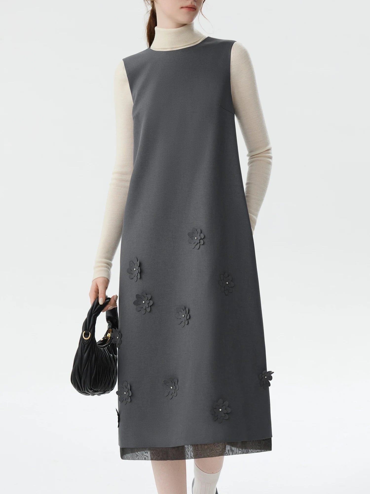 FSLE Elegant Commuter Three-dimensional Flower Decoration Long Skirt 2024 Fall Winter New Elegant Design Fashion Dress 24FS14423