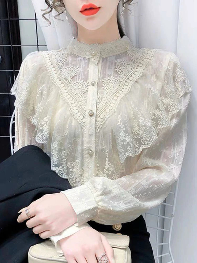 Elegant French Blouse Women Temperament Sweet Ruffles Loose Casual Tops Spring Long Sleeve Streetwear Apricot Shirts