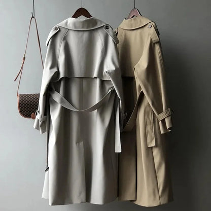 Classic Grey Long Belt Trench Coats Women Korean Double Breasted Gabardina Jackets Streetwear Windbreaker Abrigos Spring Casacos