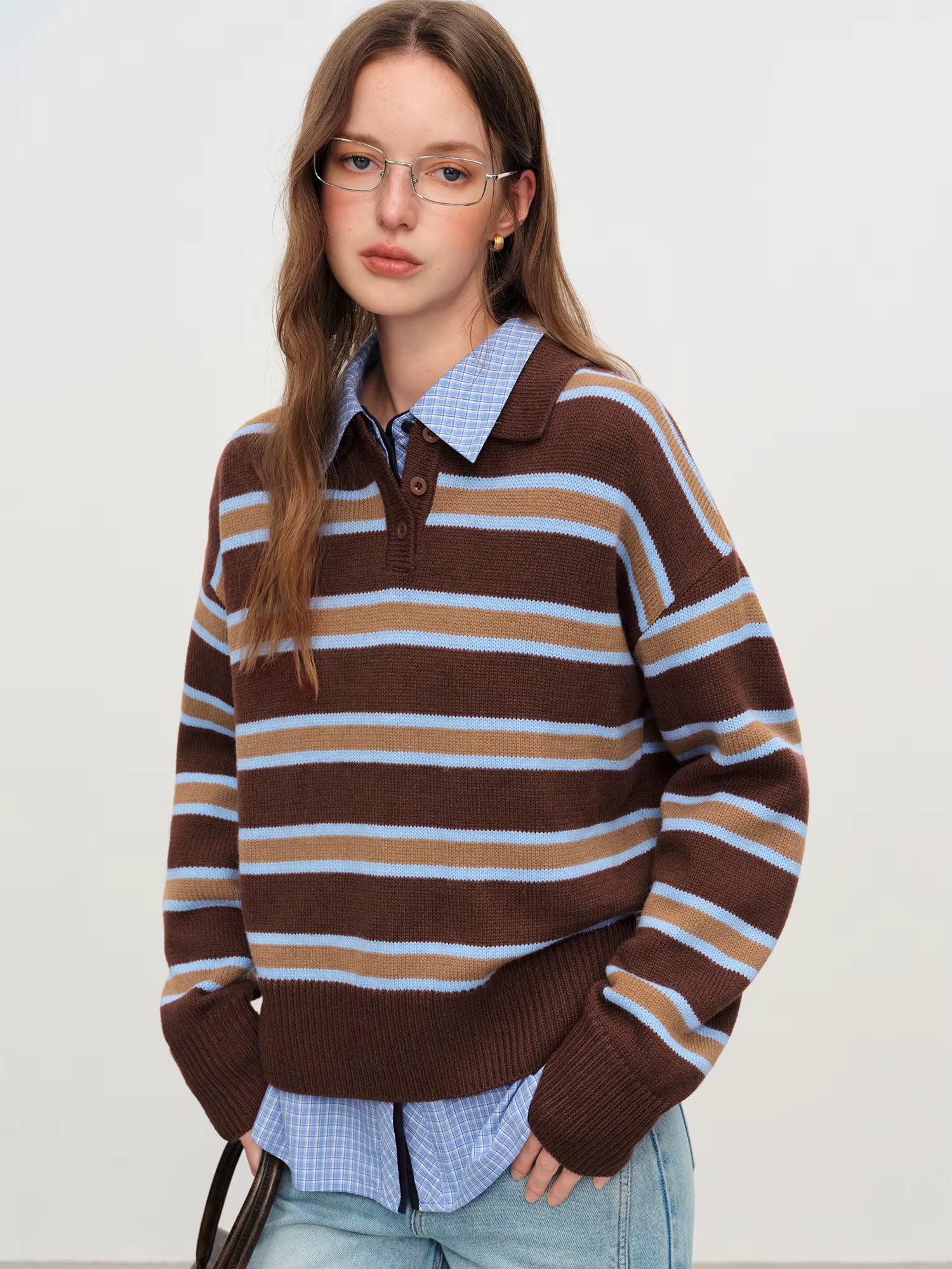Casual Contrast Color Striped Turn Down Collar Sweater Women Loose 2025 Winter New Retro Sweater Soft Cozy Homewear