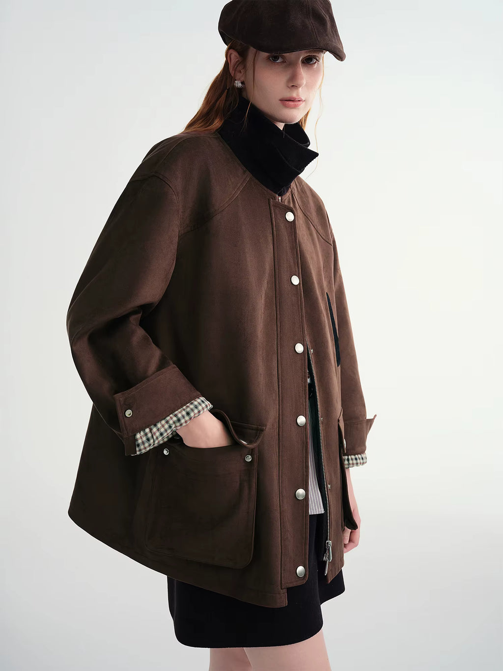 Contrast Color Cropped Jacket Turn Down Collar Loose Autumn and Winter Jacket British Style Retro Coffee Chic