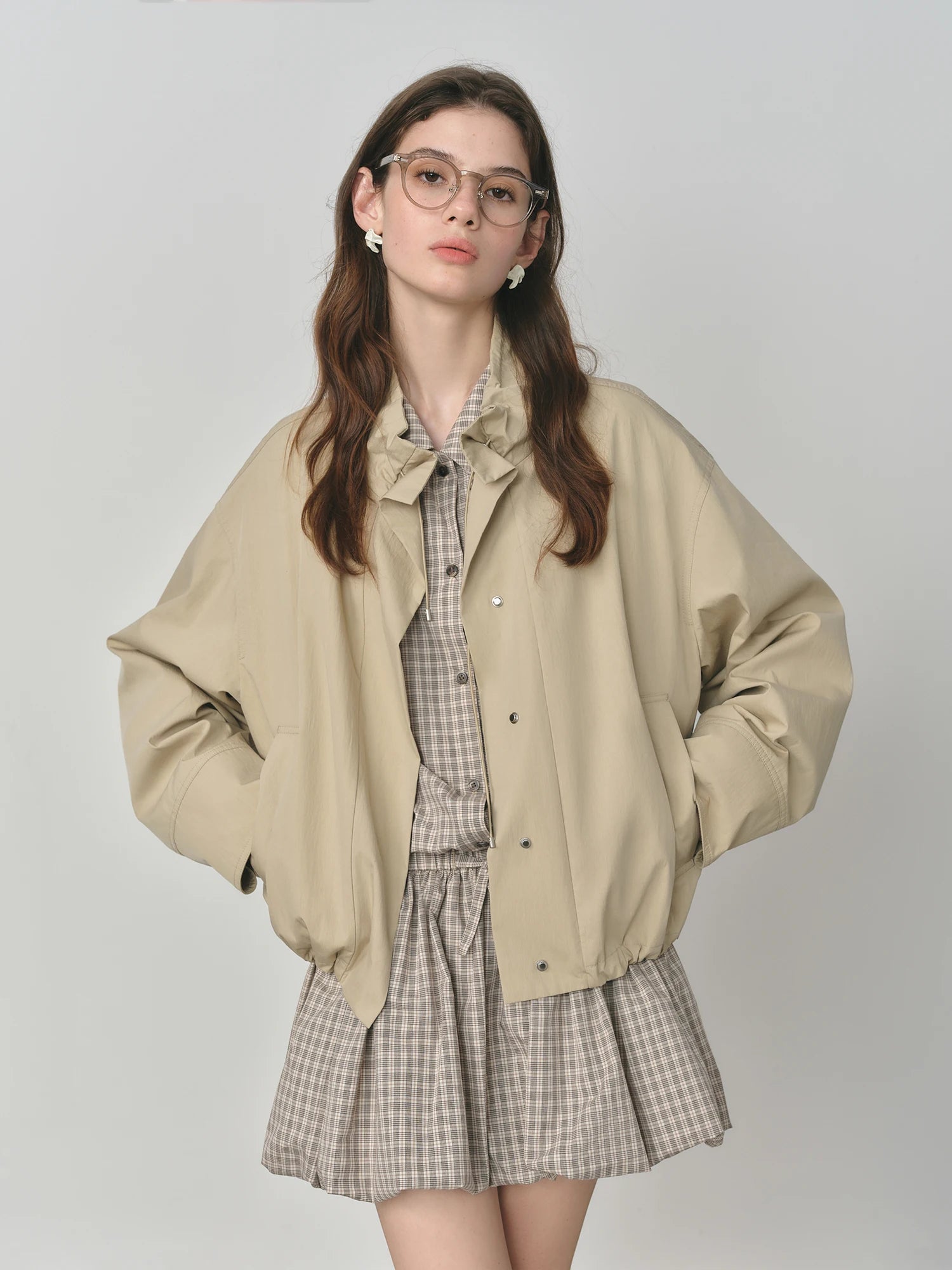 FSLE 2025 Women's Vintage Utility Jacket - Puff Sleeve Drawstring Short Crop Autumn Casual Coat with Barn Style