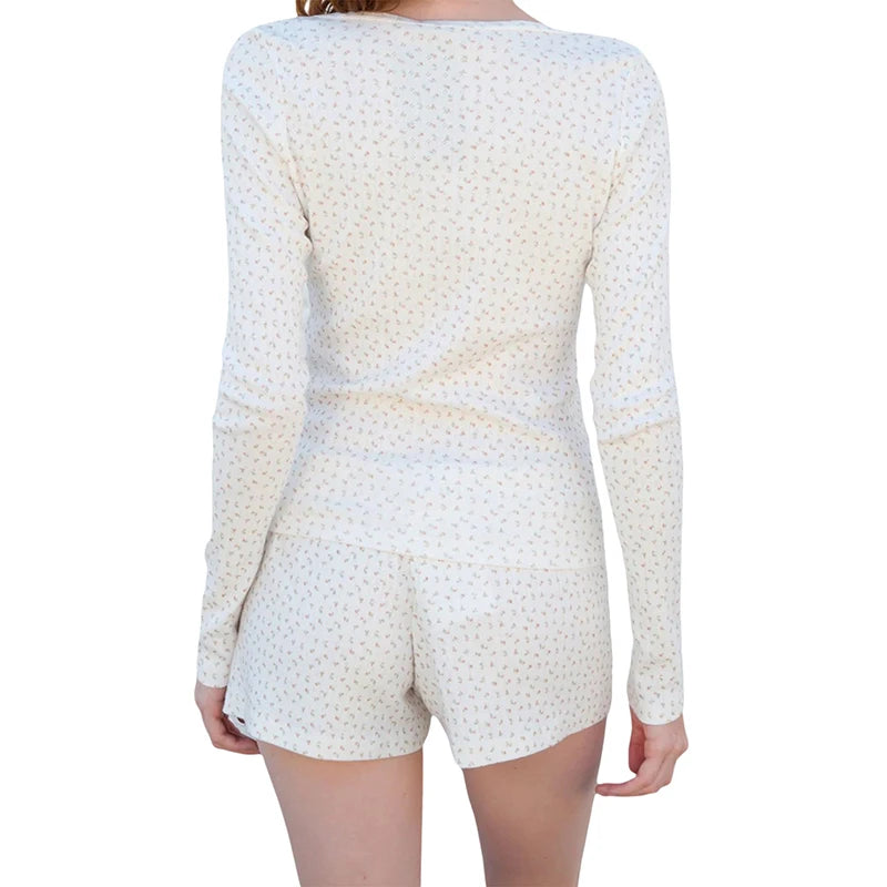 Women Y2K Pajamas Shorts Set 2 Piece Floral Print Button Down Long Sleeve Top and Shorts Bodycon Pjs Suit Lounge Cozy Sleepwear
