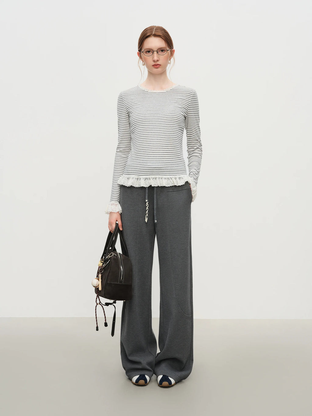 FSLE Autumn Winter 2025 Women's Striped Knit T-Shirt - Long Sleeve Lace Trim Base Layer Top Soft Stretch for Casual Layering