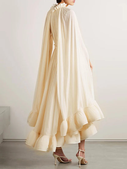 VGH Ruffles Irregular Solid Dresses For Women V Neck Cloak Sleeves High Waist Spliced Lace Up Loose Folds Dress Female Summer