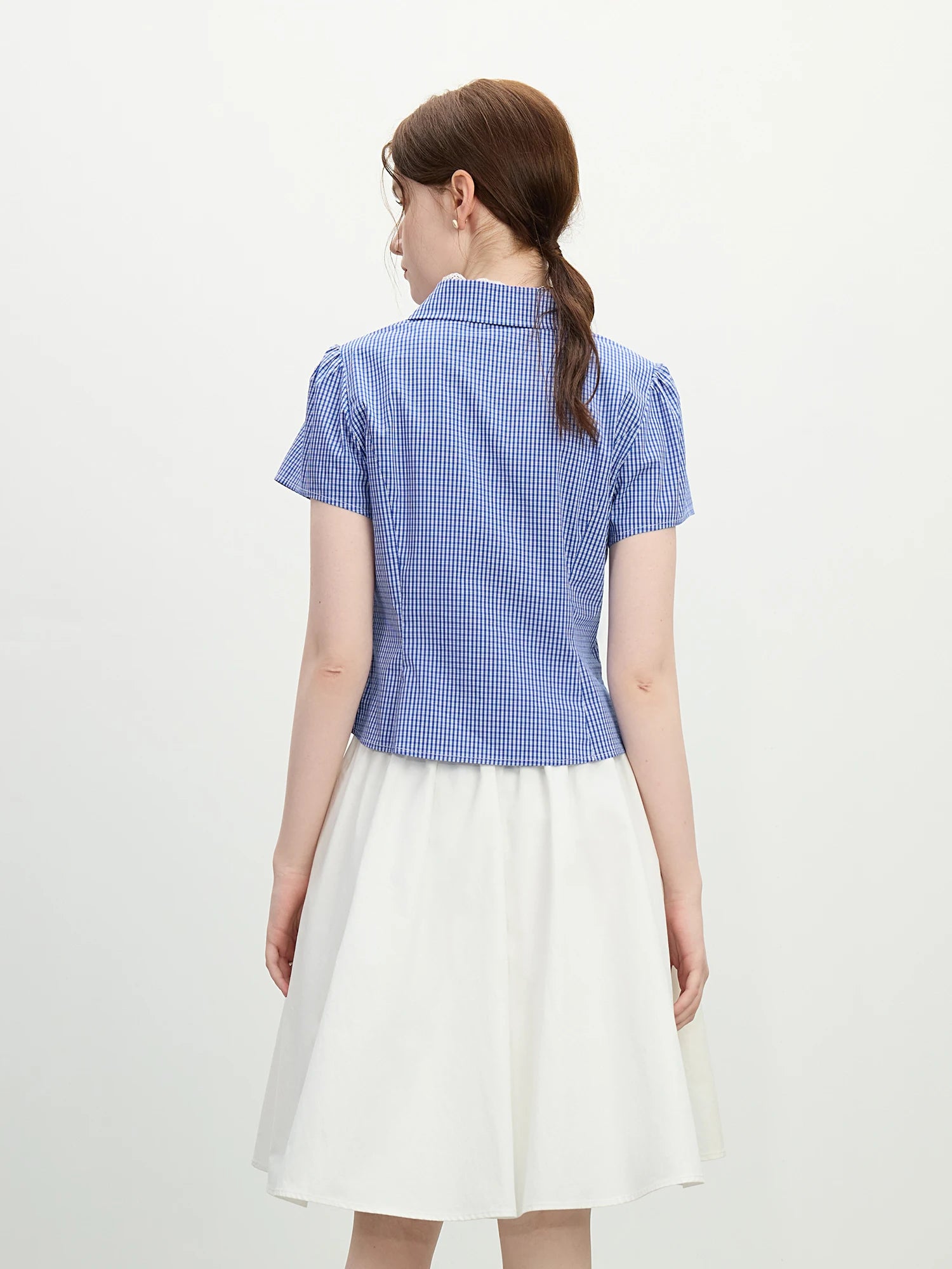 FSLE 2025 Summer French Lace Checkered Layered Collar Blouse Casual Office Linen-Blend Slim Fit Women's Top