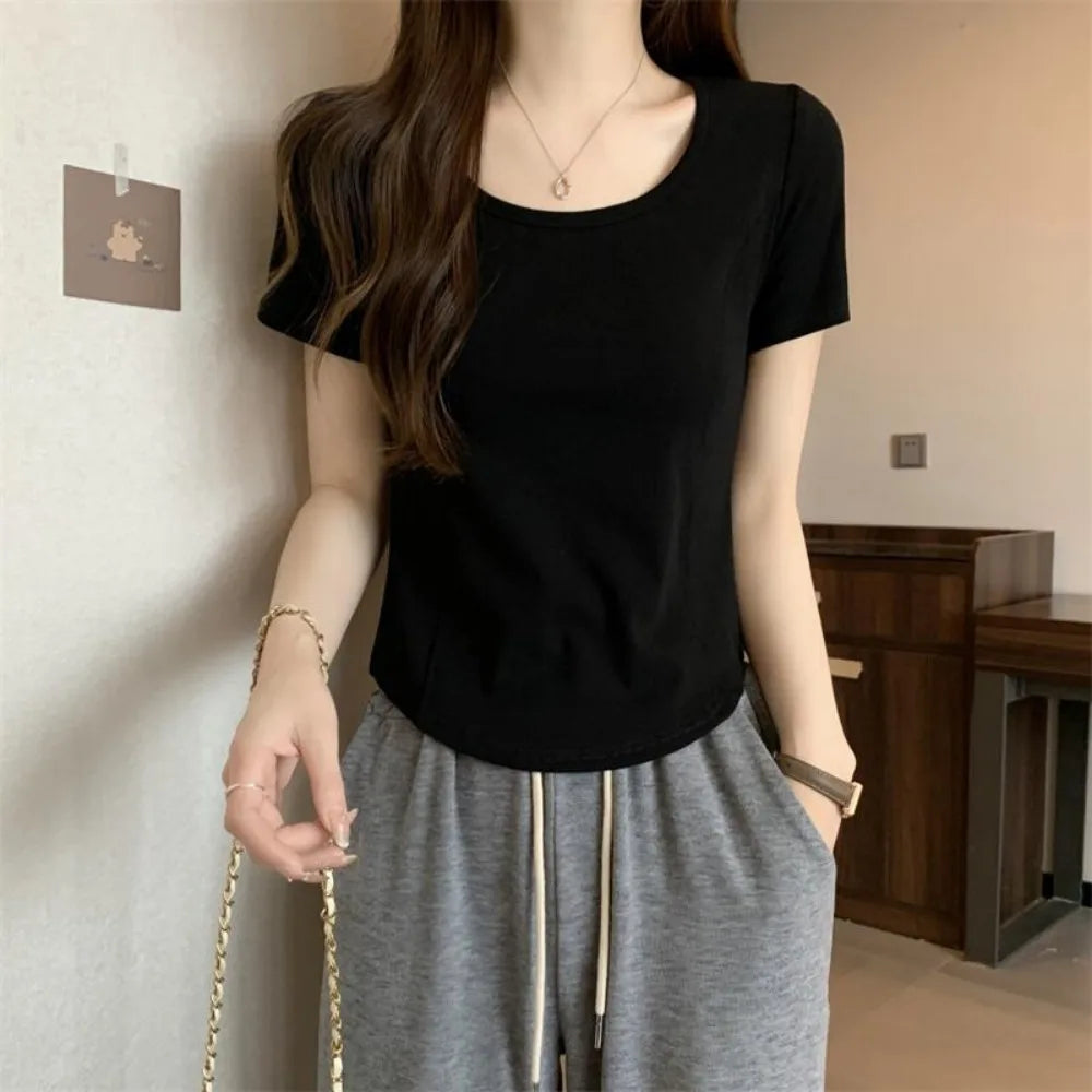 Square Neck Fishbone Short Sleeve T-Shirt Women's Korean 2024 Summer Slim Fit Short Style Hot Girl Collarbone Right Shoulder Top