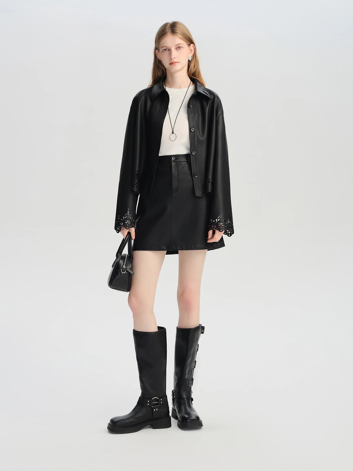 ZIQIAO Autumn 2025 Textured Vegan Coordinated Set - Cropped Hemline Mini Skirt & Jacket Architectural Cut Ladies Two Piece