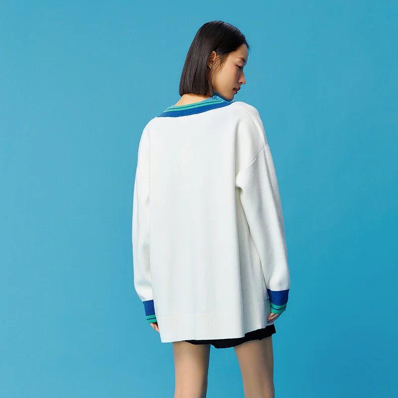 Semir Mali Knit Cardigan Women Mid-Length Loose Lazy Outerwear Spring Contrast Color V-Neck Top