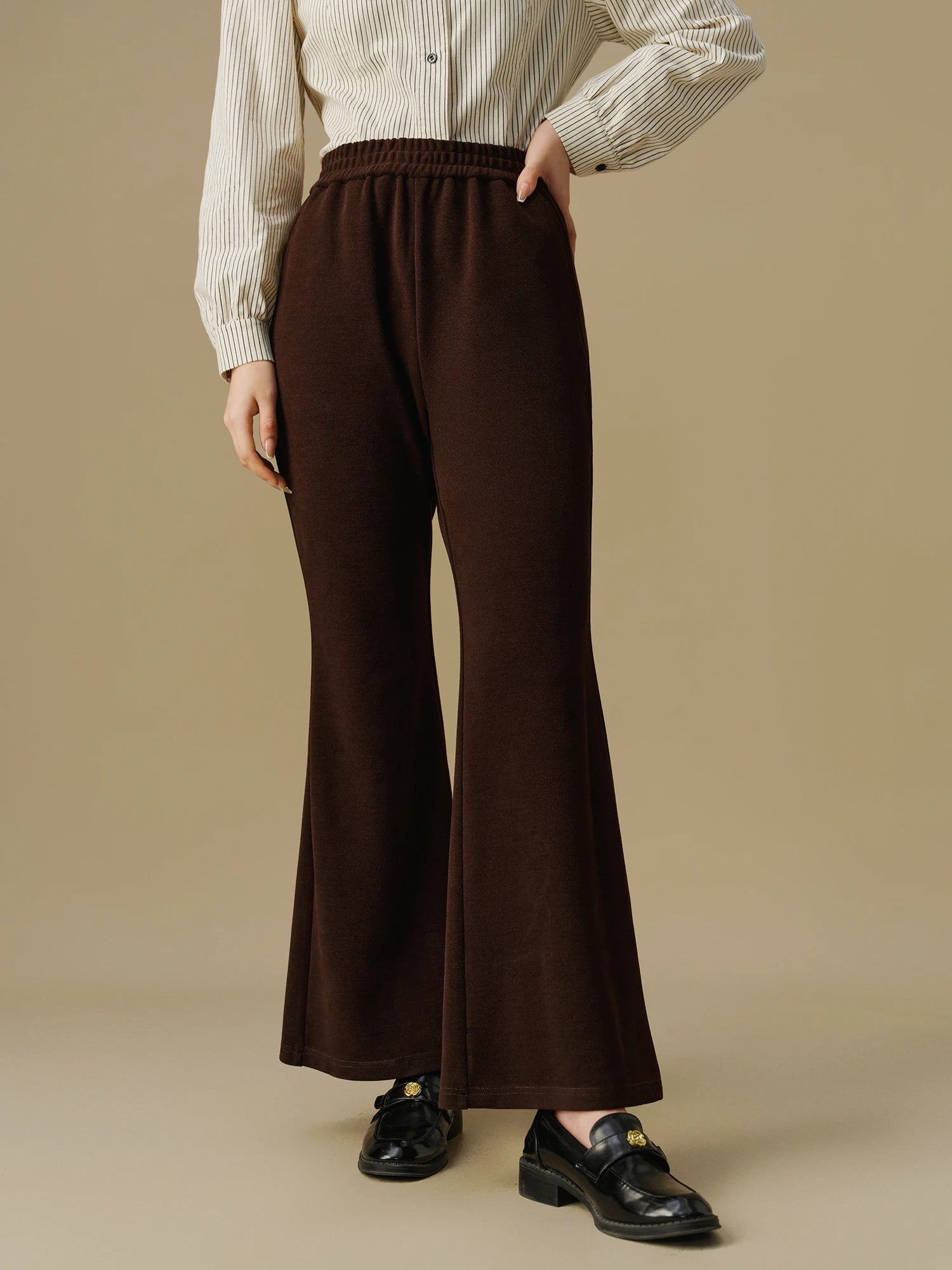 DUSHU Women Winter Black Trousers Elastic Waist Thicken Female Brown Cropped Pants Plus Size Elastic Flared Pant 24DS84471