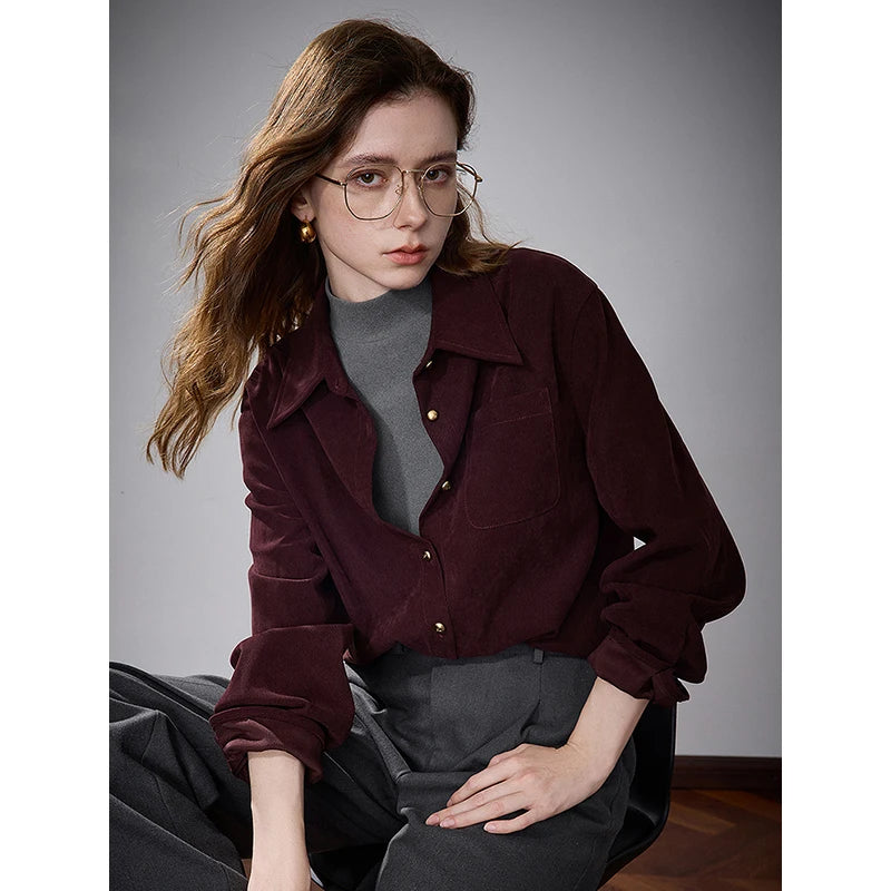 TOYOUTH Women Blouse Shirt 2024 Autumn Winter New Ankora Red Corduroy Turn Down Collar Single Breasted Button Outfit Tops