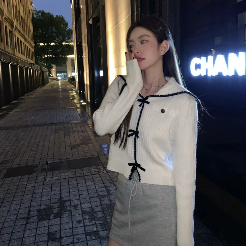 Gentle Sweet Bow Knit Cardigan For Women Autumn Fashion Women's Long Sleeve Slim Sweater Korean Style Female Cardigan Coat