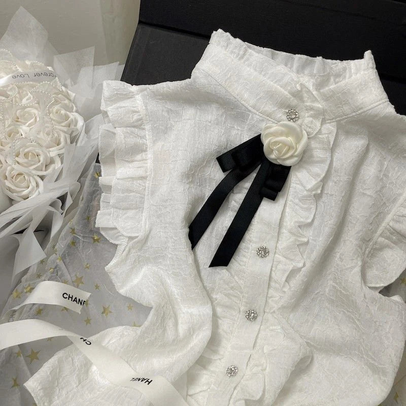 MEXZT Elegant Bow White Shirts Women Vintage Sweet Flower Ruffles Blouses Summer Korean Ladies Flying Sleeve All Match Chic Tops