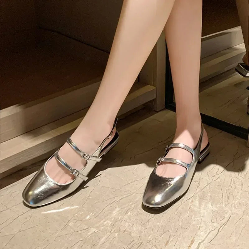Women Sandals Summer 2024 Woman Low Heels Double Buckle Mary Janes Shoes Patent Leather Dress Shoes Back Strap Zapatos Mujer