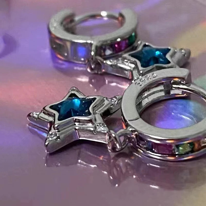 Korean Fashion Blue Crystal Star Hoop Earrings Punk Aesthetic DIY Mini Cute Earrings for Women Y2K Accessory Egirl Jewellery