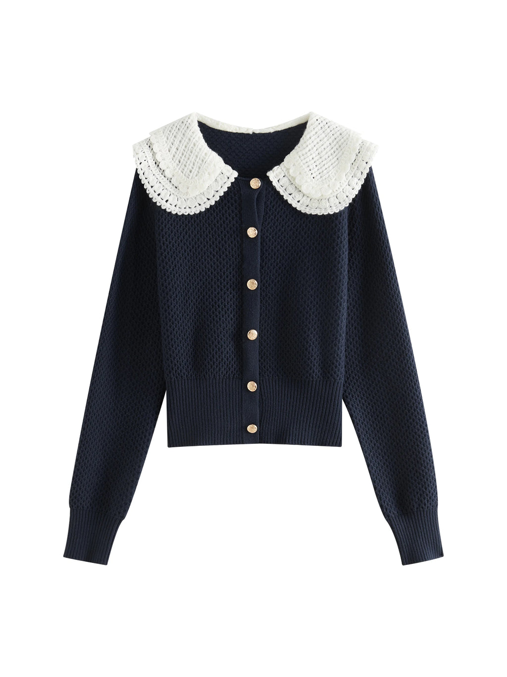 FSLE College Style Lace Round Neck Lapel Sweater For Women Autumn Winter 2024 Retro Style Loose Elegant Soft Pullover 24FS14046