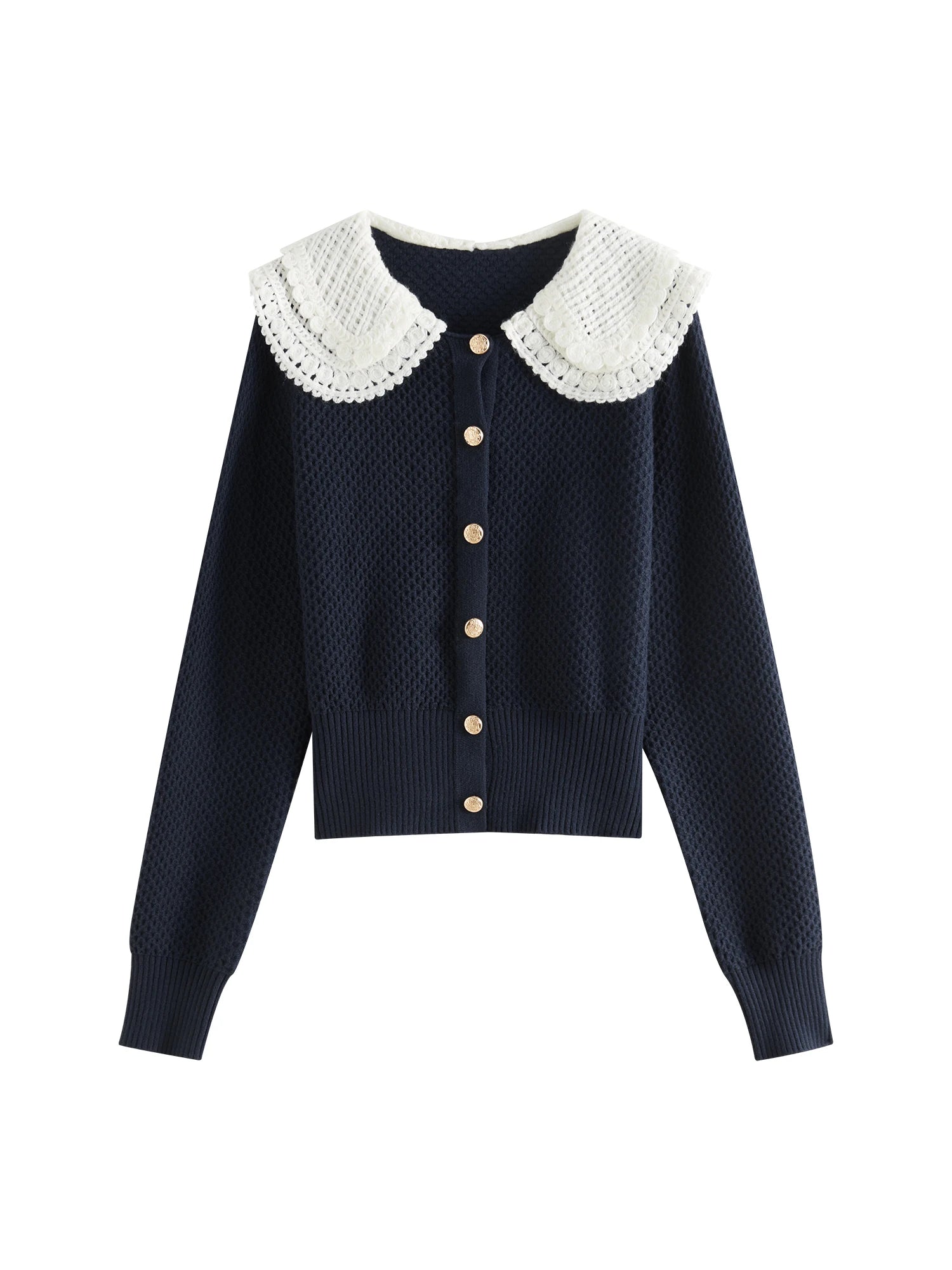 FSLE College Style Lace Round Neck Lapel Sweater For Women Autumn Winter 2024 Retro Style Loose Elegant Soft Pullover 24FS14046