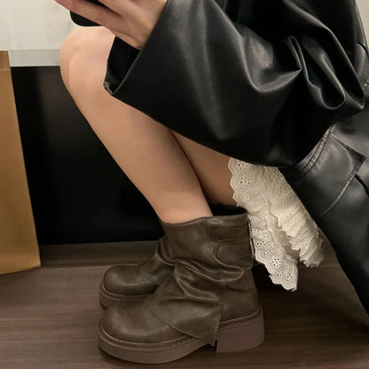 Platform Women Western Cowgirl Boots Fashion Slip On Short Boots Autumn Winter Thick Heel Women's Shoes