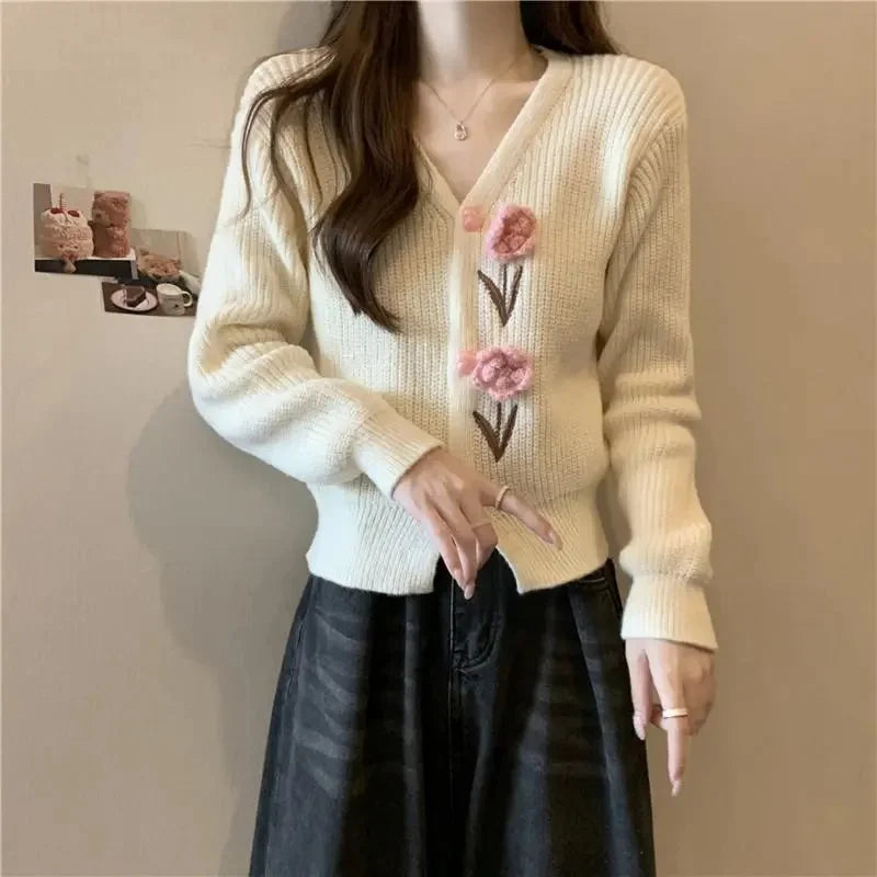 Heavy Industry Beautiful Flowers Knitted Cardigan Sweater Women Slim In Autumn And Winter With Small Cardigan V-neck Short Coat