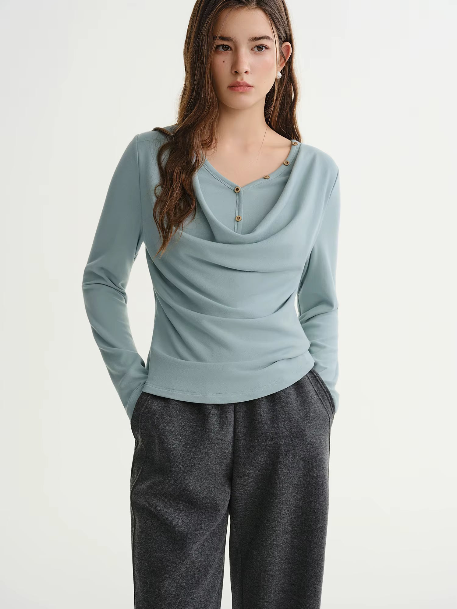 Plus-Size Women Layered Art Long-Sleeve T-Shirt with Floating Ribbon neckline Mock Two-Piece Slimming Top for Curvy Women