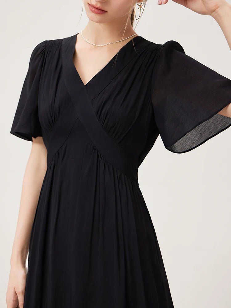 FSLE Women Flying Sleeve Temperament Long X-LINE Dress French V-neck Black Dress Office Lady Solid Dress