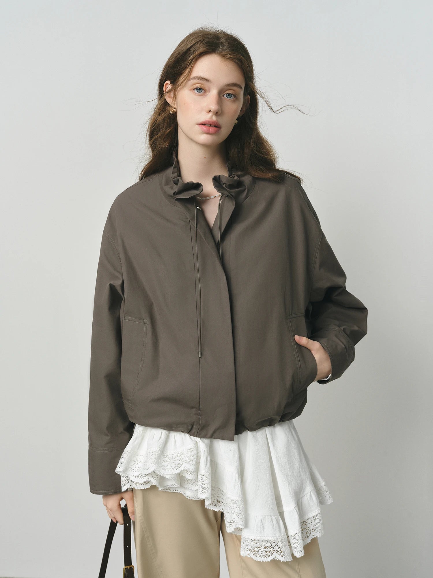 FSLE 2025 Women's Vintage Utility Jacket - Puff Sleeve Drawstring Short Crop Autumn Casual Coat with Barn Style