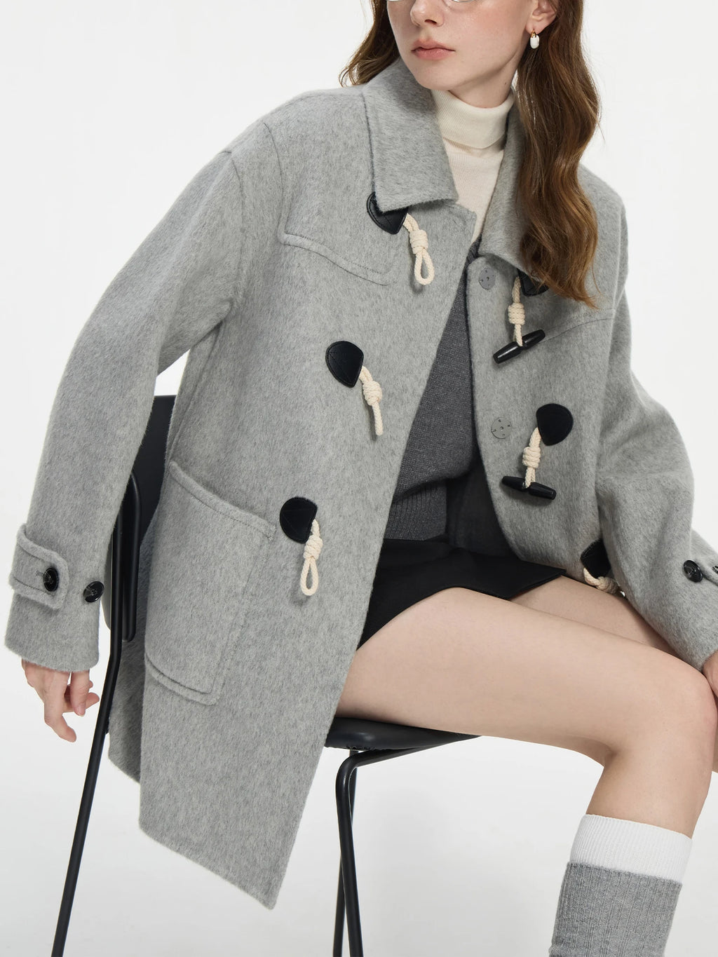 FSLE 100% Wool Two Color College Style Cowl Button Reversible Tweed Coat for Women 2024 Winter New Design Casual Jacket24FS14239