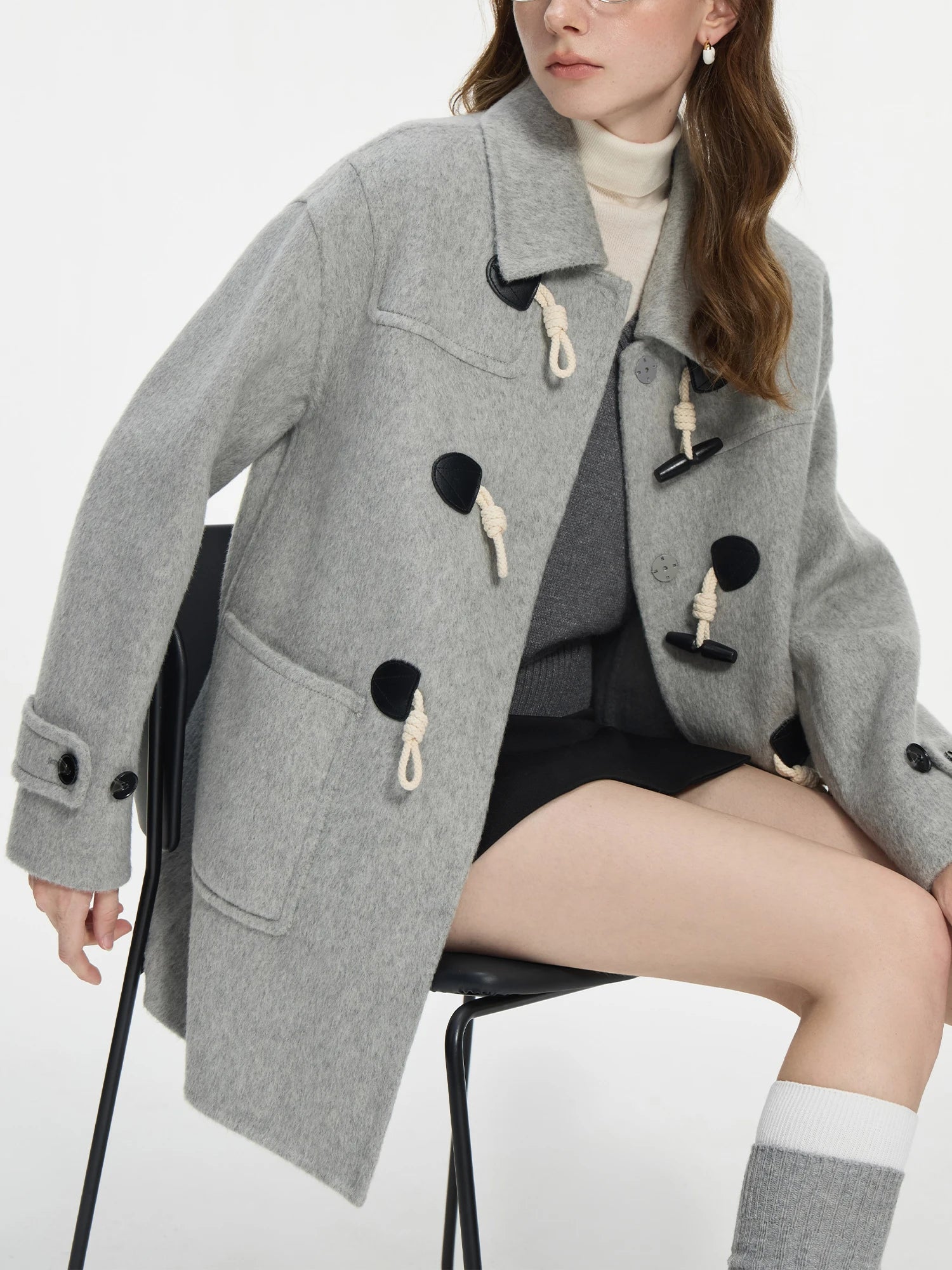 FSLE 100% Wool Two Color College Style Cowl Button Reversible Tweed Coat for Women 2024 Winter New Design Casual Jacket24FS14239